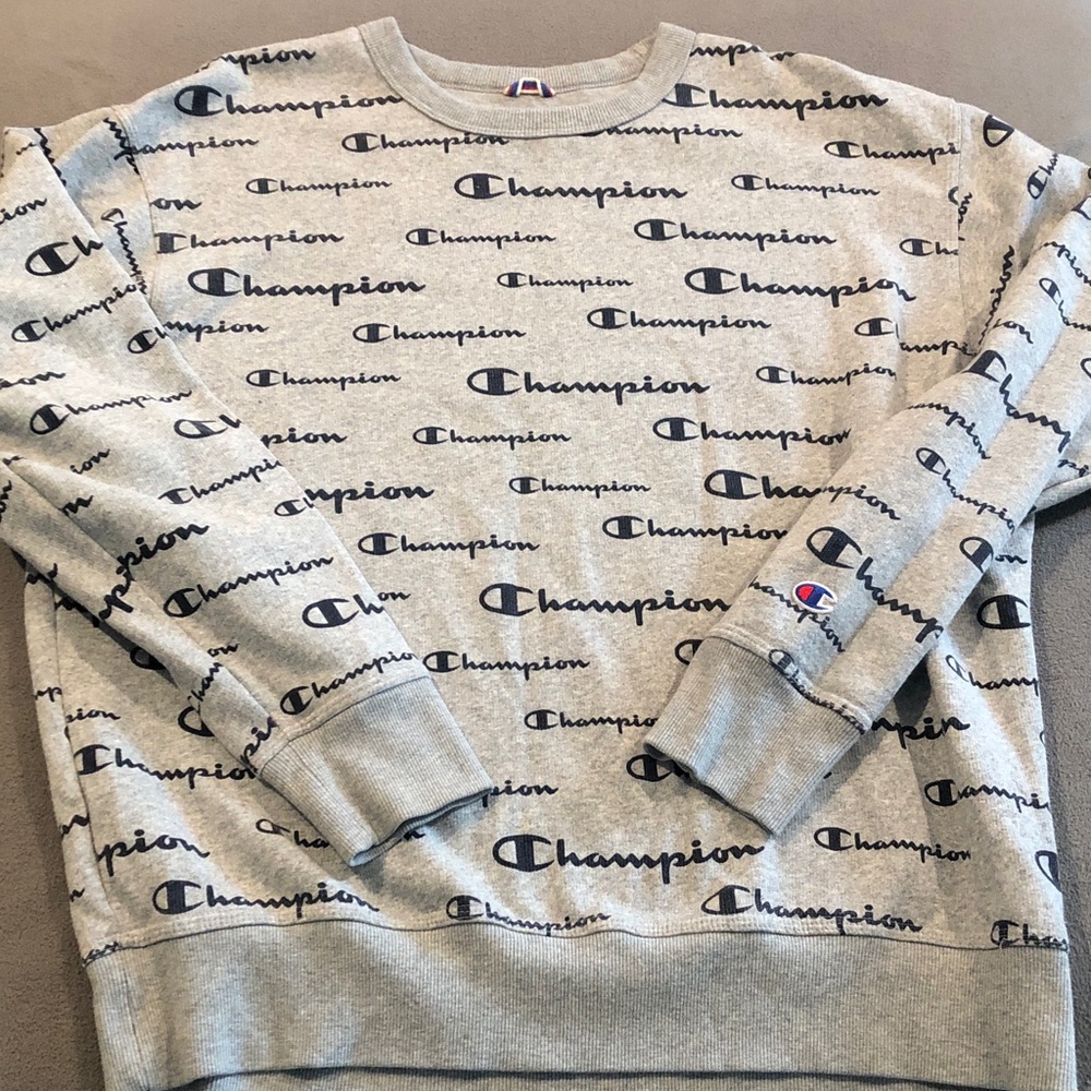 Vintage Champion All Over Logo Print Gray Crewneck Sweatshirt Adult Large